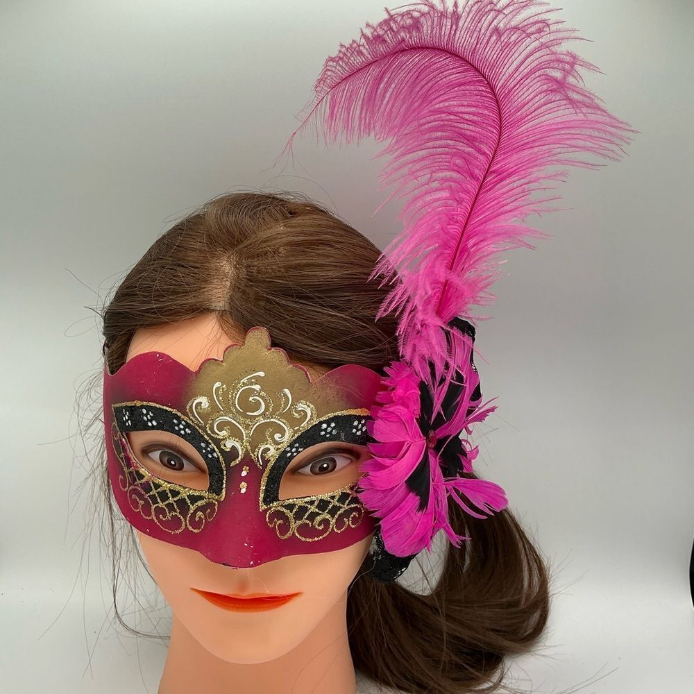 Pink and Gold Masquerade Mask with Feather.Hand painted in Italy